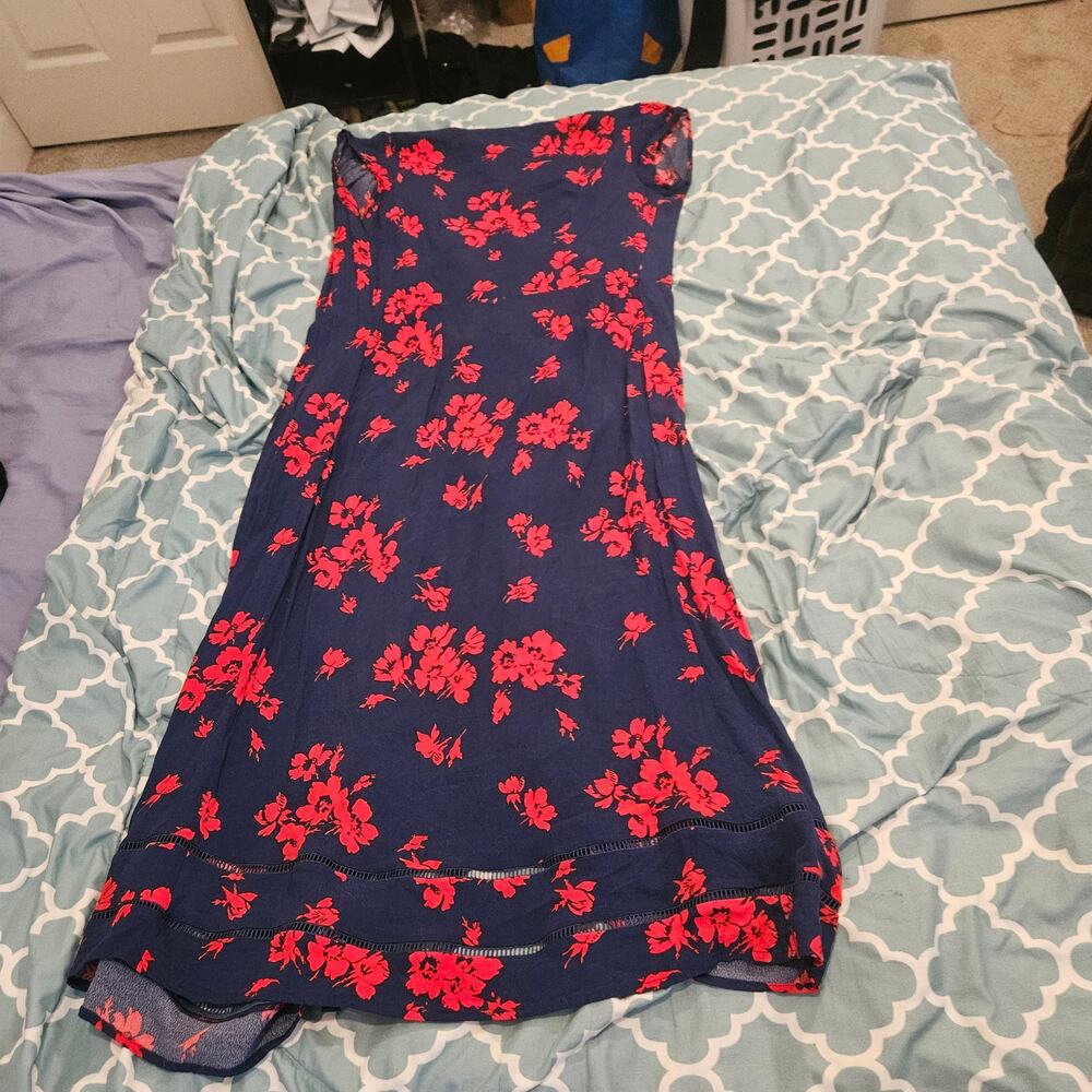 GAP Navy Red Floral Sleeveless Midi Dress XS Tie Front Lightweight Rayon - Picture 10 of 10